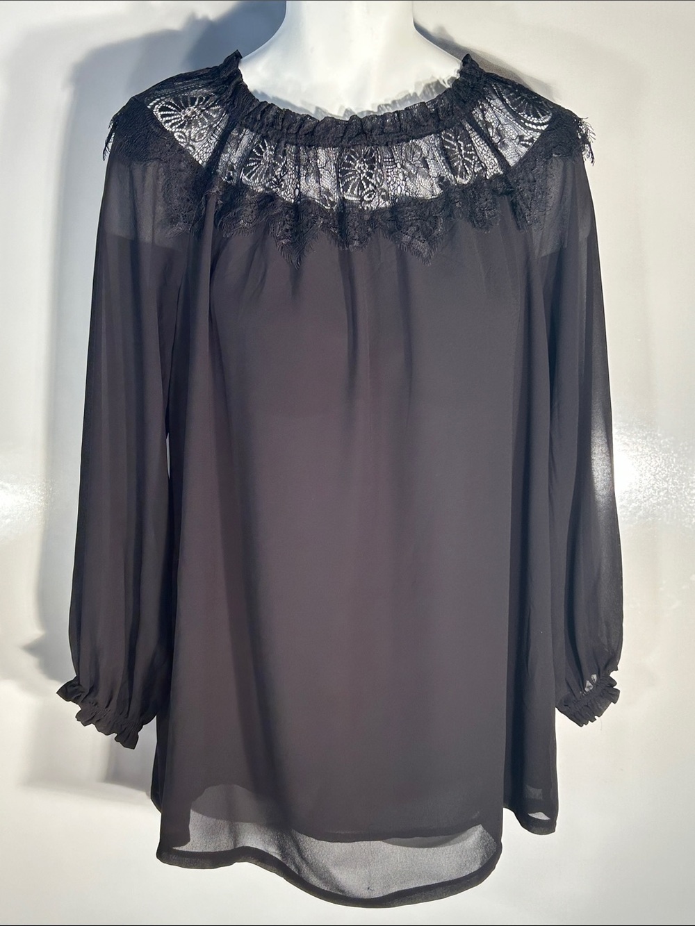 Eureka SZ L Black Lace Yoke Flowy Blouse Boho Chic Elegant Feminine Goth Dressy